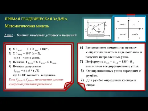 ПРЯМАЯ ГЕОДЕЗИЧЕСКАЯ ЗАДАЧА Математическая модель Распределяем измеренную невязку с обратным знаком