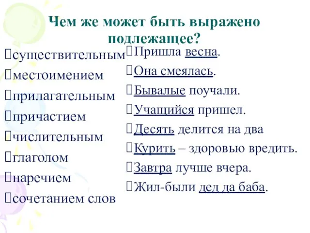 Чем же может быть выражено подлежащее? существительным местоимением прилагательным причастием числительным