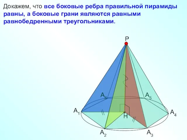 Докажем, что все боковые ребра правильной пирамиды равны, а боковые грани
