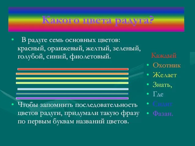 Какого цвета радуга? Каждый Охотник Желает Знать, Где Сидит Фазан. В