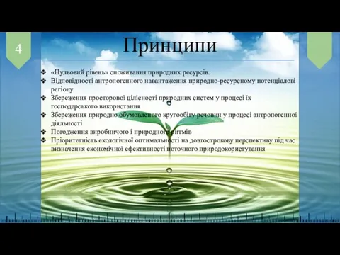 Принципи 4 «Нульовий рівень» споживання природних ресурсів. Відповідності антропогенного навантаження природно-ресурсному