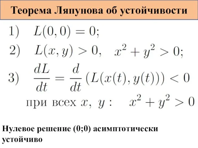 Теорема Ляпунова об устойчивости Нулевое решение (0;0) асимптотически устойчиво
