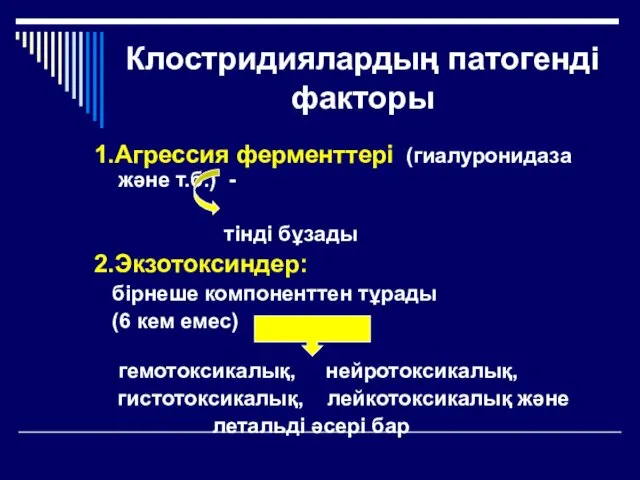 Клостридиялардың патогенді факторы 1.Агрессия ферменттері (гиалуронидаза және т.б.) - тінді бұзады