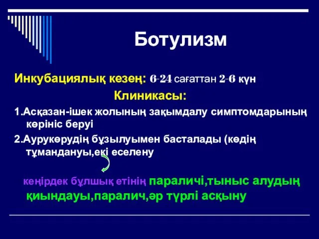 Ботулизм Инкубациялық кезең: 6-24 сағаттан 2-6 күн Клиникасы: 1.Асқазан-ішек жолының зақымдалу