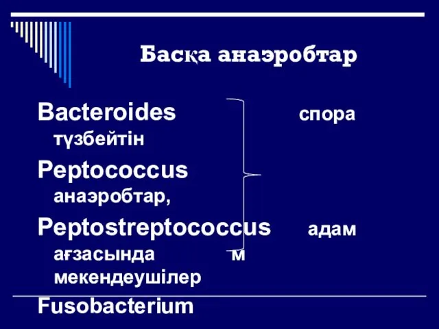 Басқа анаэробтар Bacteroides спора түзбейтін Peptococcus анаэробтар, Peptostreptococcus адам ағзасында м мекендеушілер Fusobacterium