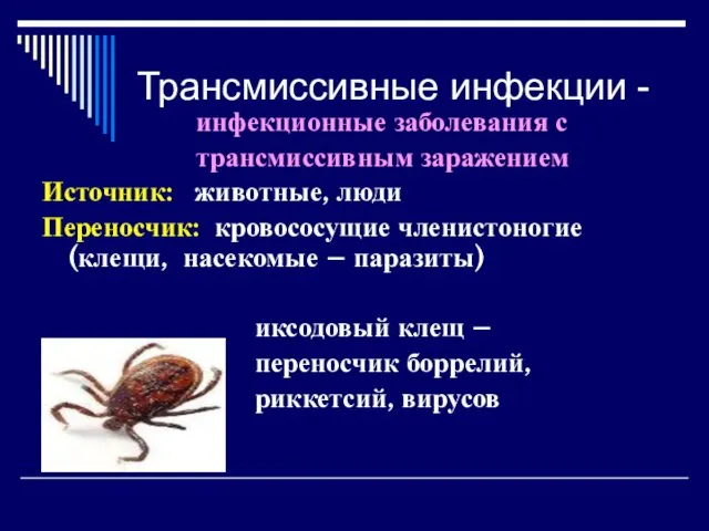 Трансмиссивные инфекции - инфекционные заболевания с трансмиссивным заражением Источник: животные, люди