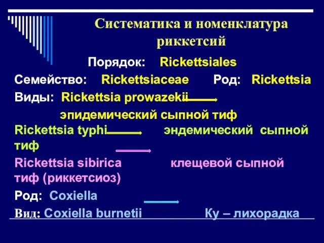 Систематика и номенклатура риккетсий Порядок: Rickettsiales Семейство: Rickettsiaceae Род: Rickettsia Виды: