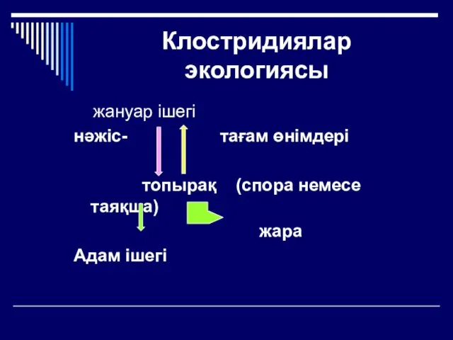 Клостридиялар экологиясы жануар ішегі нәжіс- тағам өнімдері топырақ (спора немесе таяқша) жара Адам ішегі