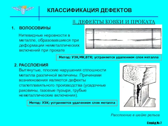 КЛАССИФИКАЦИЯ ДЕФЕКТОВ II. ДЕФЕКТЫ КОВКИ И ПРОКАТА ВОЛОСОВИНЫ Нитевидные неровности в