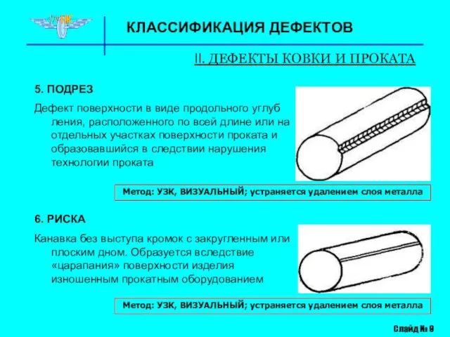 КЛАССИФИКАЦИЯ ДЕФЕКТОВ II. ДЕФЕКТЫ КОВКИ И ПРОКАТА 5. ПОДРЕЗ Дефект поверхности