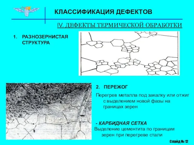 КЛАССИФИКАЦИЯ ДЕФЕКТОВ IV. ДЕФЕКТЫ ТЕРМИЧЕСКОЙ ОБРАБОТКИ Слайд № 12 РАЗНОЗЕРНИСТАЯ СТРУКТУРА