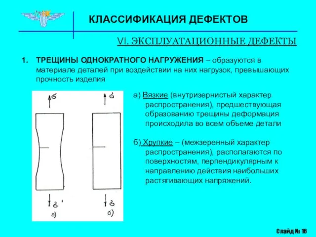 КЛАССИФИКАЦИЯ ДЕФЕКТОВ VI. ЭКСПЛУАТАЦИОННЫЕ ДЕФЕКТЫ Слайд № 16 ТРЕЩИНЫ ОДНОКРАТНОГО НАГРУЖЕНИЯ