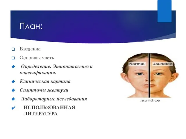 План: Введение Основная часть Определение. Этиопатогенез и классификация. Клиническая картина Симптомы желтухи Лабороторные исследования ИСПОЛЬЗОВАННАЯ ЛИТЕРАТУРА