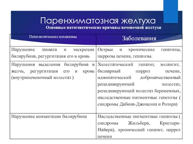 Паренхиматозная желтуха Основные патогенетические причины печеночной желтухи