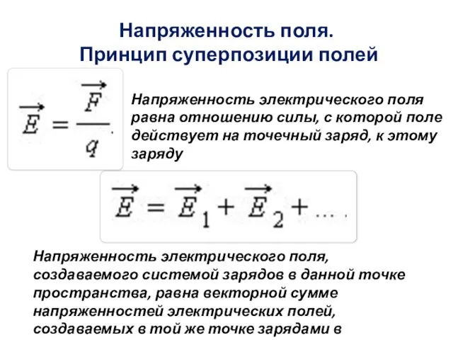 Напряженность поля. Принцип суперпозиции полей Напряженность электрического поля равна отношению силы,