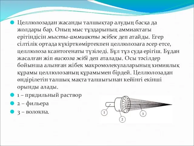 Целлюлозадан жасанды талшықтар алудың басқа да жолдары бар. Оның мыс тұздарының