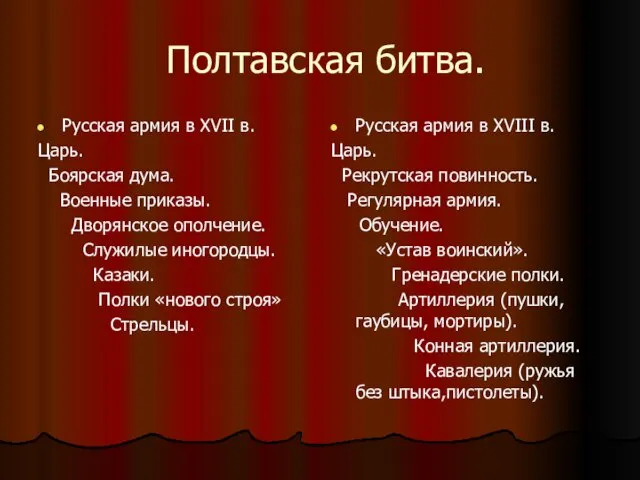 Полтавская битва. Русская армия в XVII в. Царь. Боярская дума. Военные