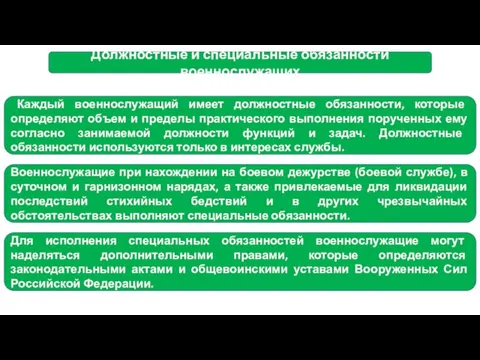 Должностные и специальные обязанности военнослужащих Каждый военнослужащий имеет должностные обязанности, которые