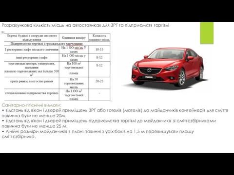 Розрахункова кількість місць на автостоянках для ЗРГ та підприємств торгівлі Санітарно-гігієнічні