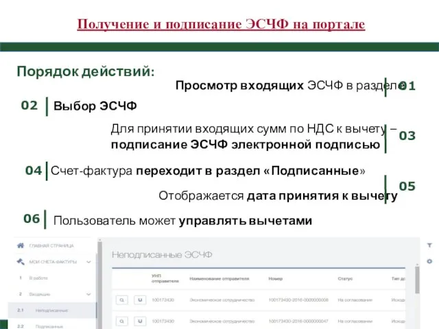 Получение и подписание ЭСЧФ на портале Для принятии входящих сумм по