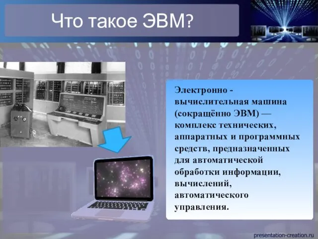 Что такое ЭВМ? Электронно - вычислительная машина (сокращённо ЭВМ) — комплекс