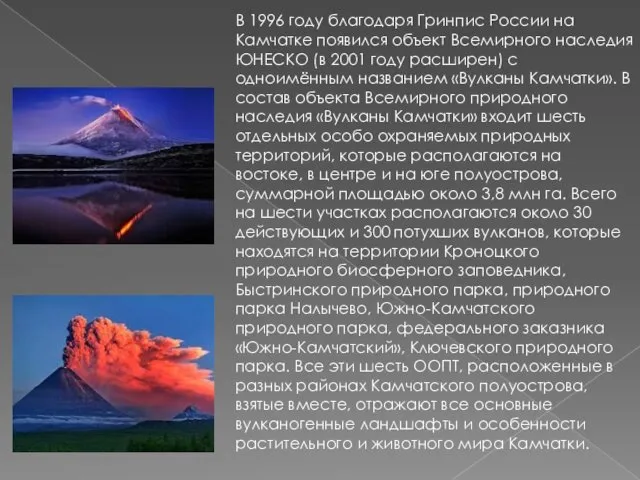 В 1996 году благодаря Гринпис России на Камчатке появился объект Всемирного