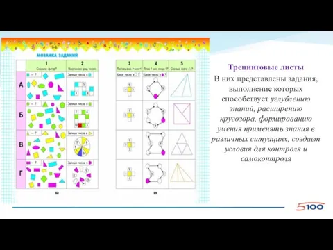 Тренинговые листы В них представлены задания, выполнение которых способствует углублению знаний,