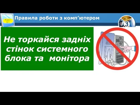 Правила роботи з комп’ютером Розділ 1 § 1 Не торкайся задніх стінок системного блока та монітора