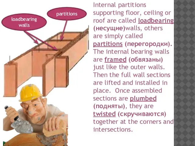 Internal partitions supporting floor, ceiling or roof are called loadbearing (несущие)walls,