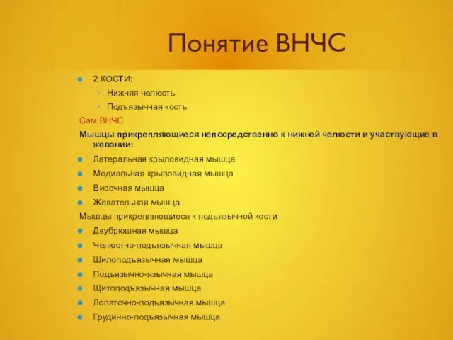 Понятие ВНЧС 2 КОСТИ: Нижняя челюсть Подъязычная кость Сам ВНЧС Мышцы