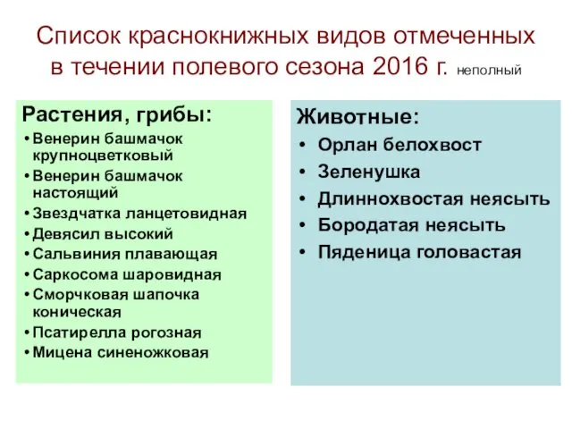 Список краснокнижных видов отмеченных в течении полевого сезона 2016 г. неполный