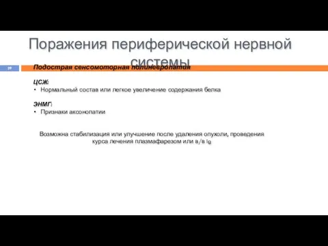 Поражения периферической нервной системы Подострая сенсомоторная полиневропатия ЦСЖ: Нормальный состав или