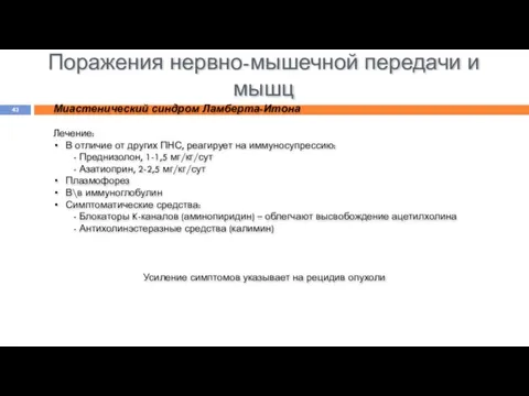 Поражения нервно-мышечной передачи и мышц Миастенический синдром Ламберта-Итона Лечение: В отличие