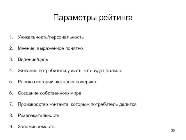 Параметры рейтинга Уникальность/персональность Мнение, выраженное понятно Видение/цель Желание потребителя узнать, что