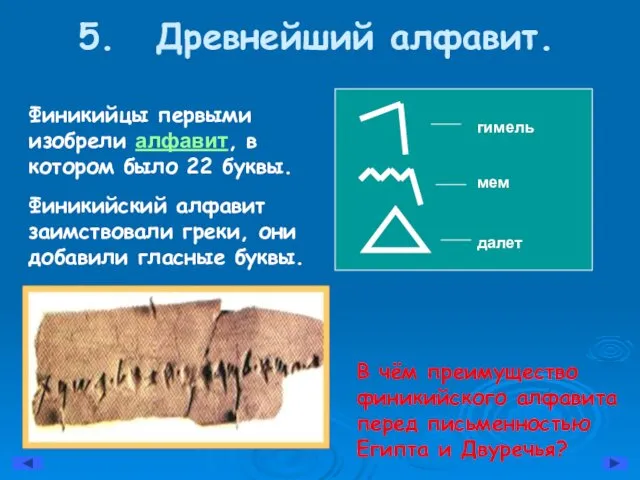 Древнейший алфавит. гимель мем далет Финикийцы первыми изобрели алфавит, в котором