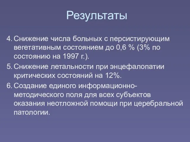 Результаты 4. Снижение числа больных с персистирующим вегетативным состоянием до 0,6