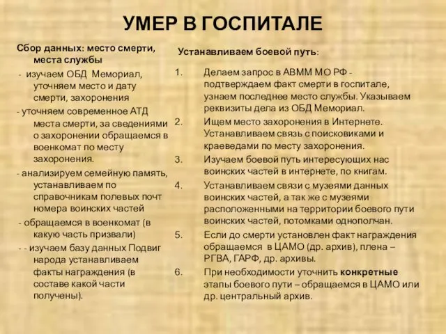 УМЕР В ГОСПИТАЛЕ Сбор данных: место смерти, места службы - изучаем