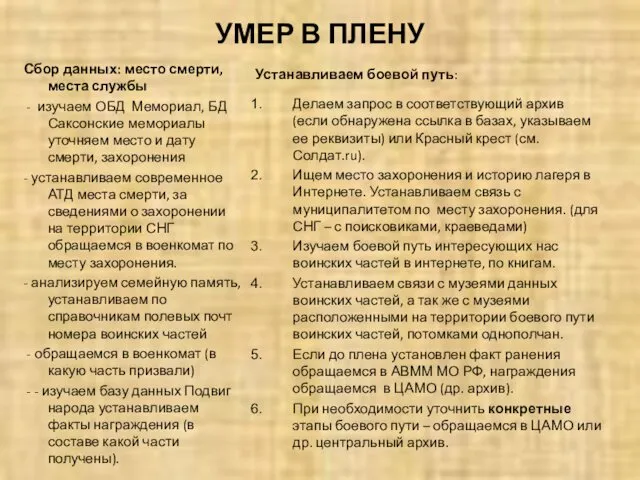 УМЕР В ПЛЕНУ Сбор данных: место смерти, места службы - изучаем