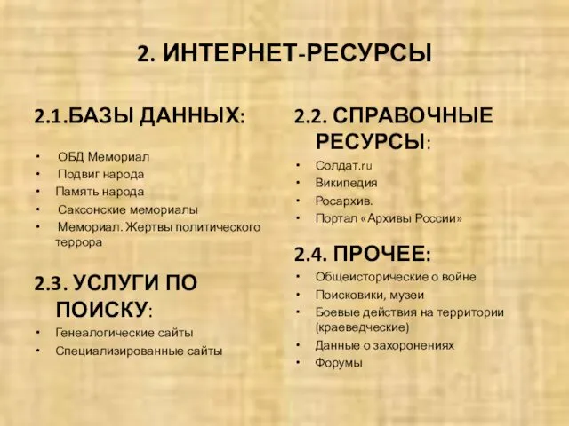 2. ИНТЕРНЕТ-РЕСУРСЫ 2.1.БАЗЫ ДАННЫХ: ОБД Мемориал Подвиг народа Память народа Саксонские