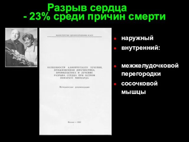 Разрыв сердца - 23% среди причин смерти наружный внутренний: межжелудочковой перегородки сосочковой мышцы