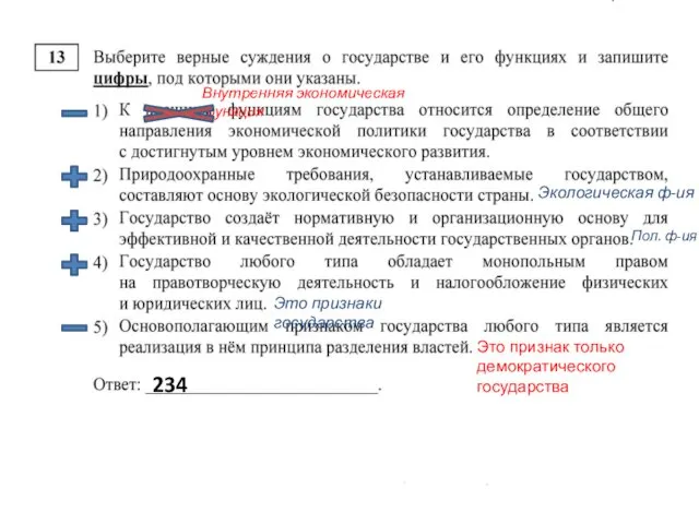 Внутренняя экономическая функция Экологическая ф-ия Пол. ф-ия Это признаки государства Это признак только демократического государства 234