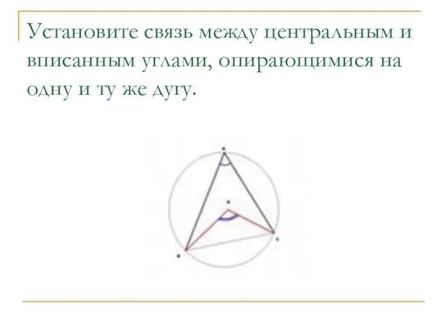 Установите связь между центральным и вписанным углами, опирающимися на одну и ту же дугу.