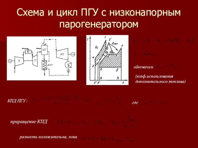 Схема и цикл ПГУ с низконапорным парогенератором обозначим (коэф.использования дополнительного топлива)