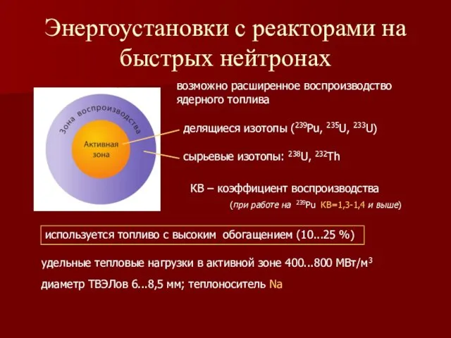 Энергоустановки с реакторами на быстрых нейтронах возможно расширенное воспроизводство ядерного топлива