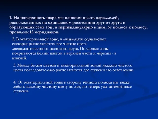 1. На поверхность шара мы наносим шесть параллелей, расположенных на одинаковом