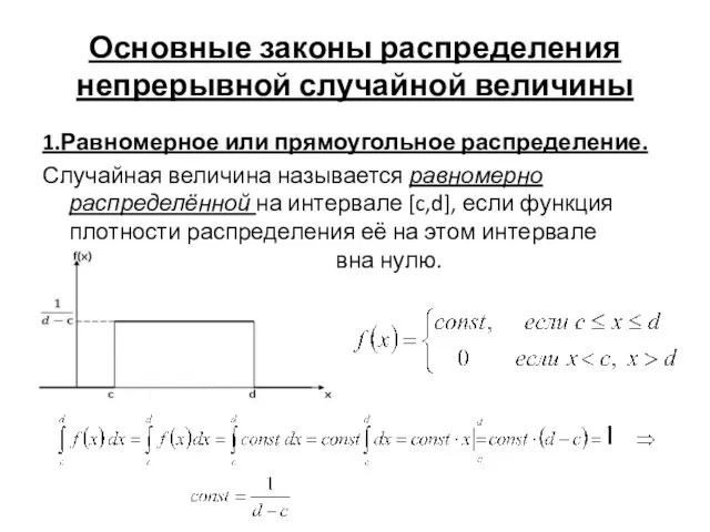 Основные законы распределения непрерывной случайной величины 1.Равномерное или прямоугольное распределение. Случайная