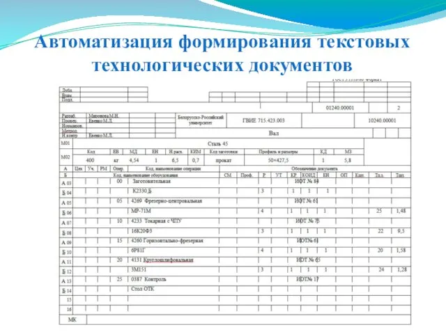 Автоматизация формирования текстовых технологических документов