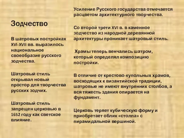 Зодчество Усиление Русского государства отмечается расцветом архитектурного творчества. Со второй трети