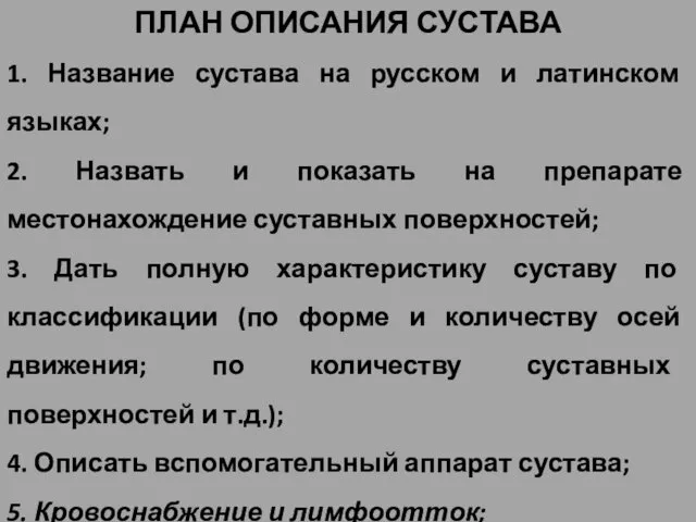 ПЛАН ОПИСАНИЯ СУСТАВА 1. Название сустава на русском и латинском языках;