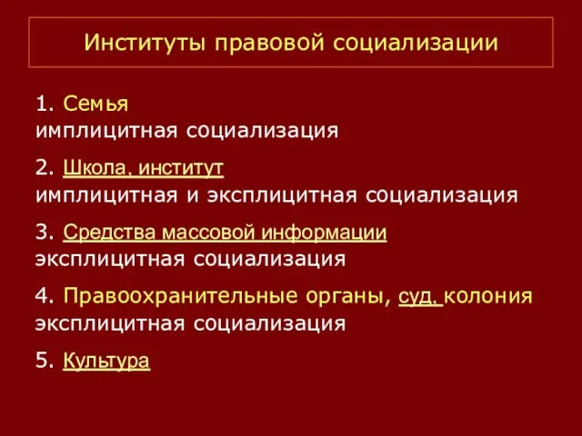 Институты правовой социализации 1. Семья имплицитная социализация 2. Школа, институт имплицитная